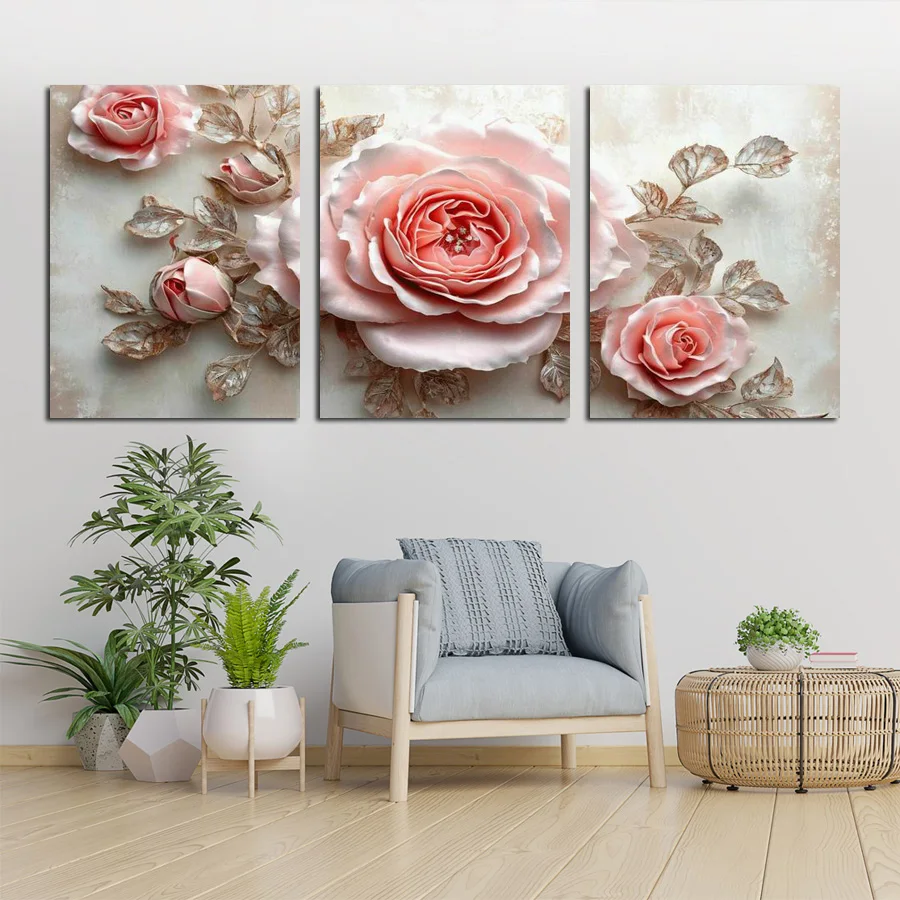 Fantasy Light Red Flowers Picture New Diy Diamond Art Painting Triptych Rose Full Drill Mosaic Embroidery Kits 3 Pieces/Set
