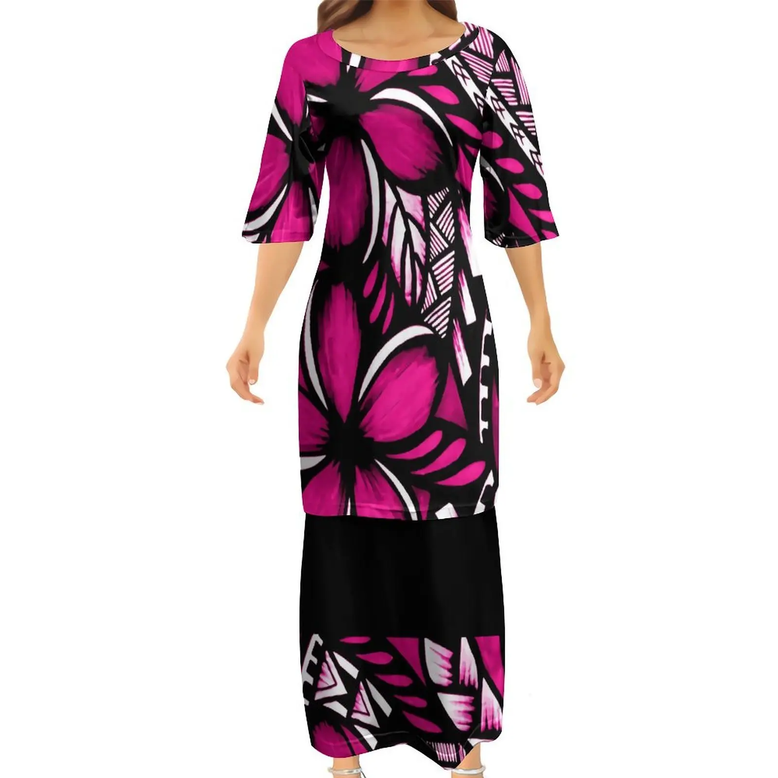 2026 New Design Polynesian Women'S Puletasi Round-Neck Short-Sleeved Samoan Floral Pattern Printed Women'S Dress