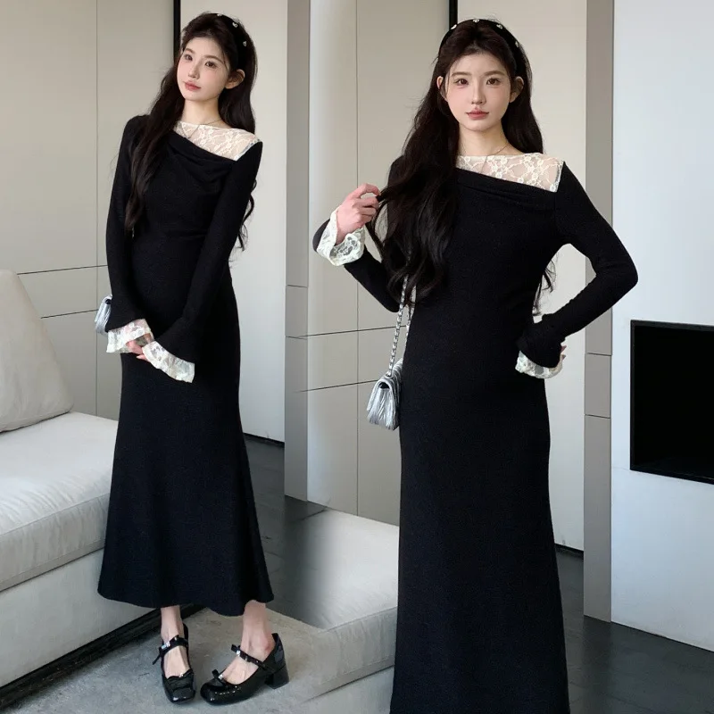 Maternity Dress Spring Autumn 2026 French style Elegant Lace Splice Long Flare Sleeve Slim Bodycon Fishtail Dress For Pregnancy