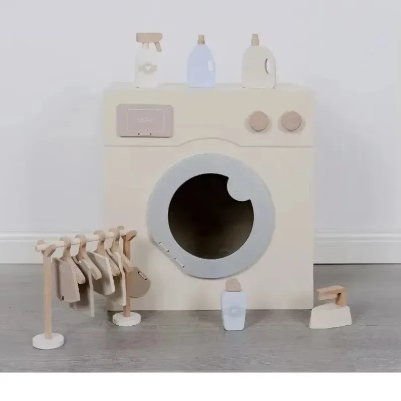 

40cm High Quality Play House Interactive Toys Wooden Simulate Washing Machine Laundry Detergent Clothes Hanger Baby Girl Gift
