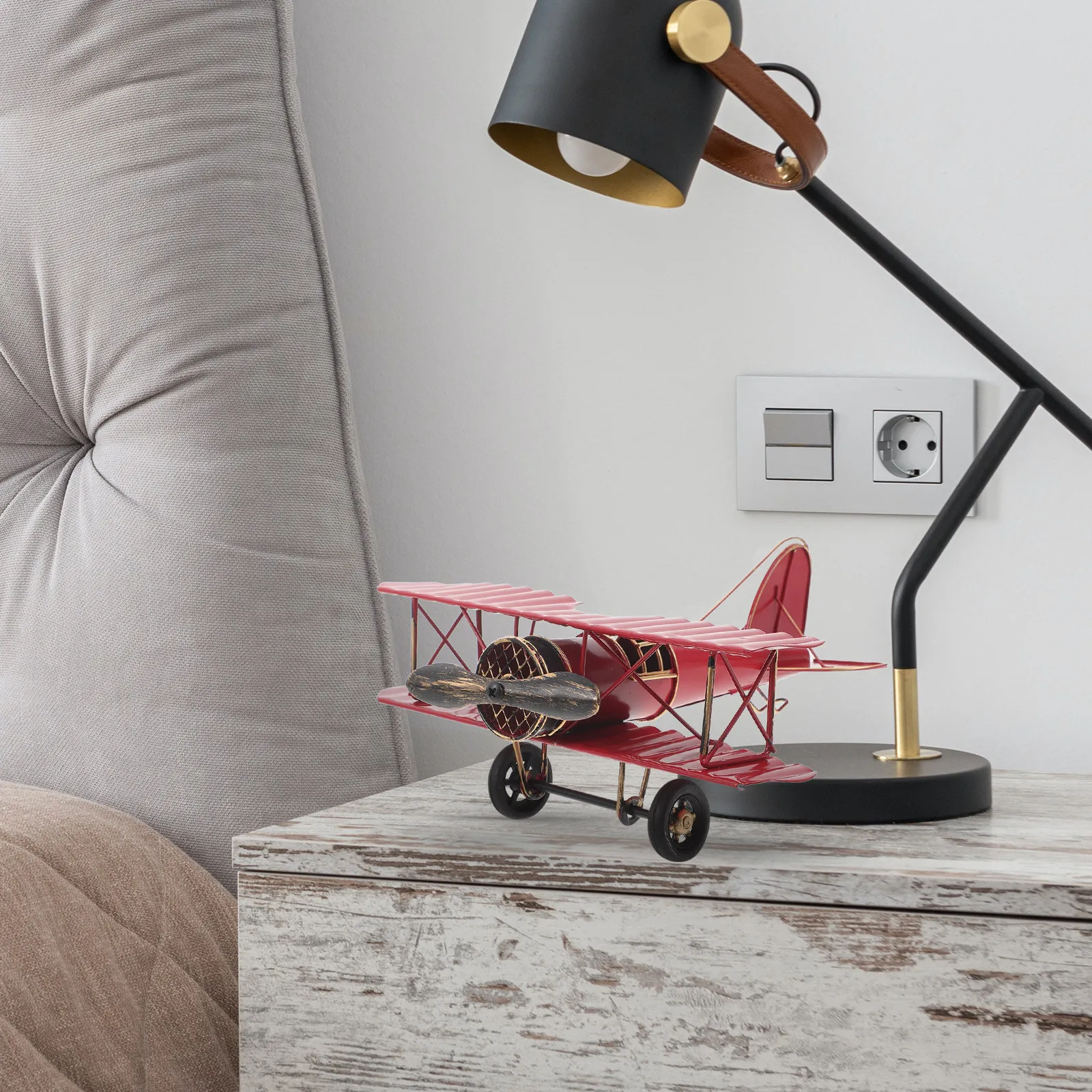 Vintage Metal Biplane Double Wing Aircraft Table Ornament Retro Small Airplane Decoration Iron Craft Home Decor Desktop Plane
