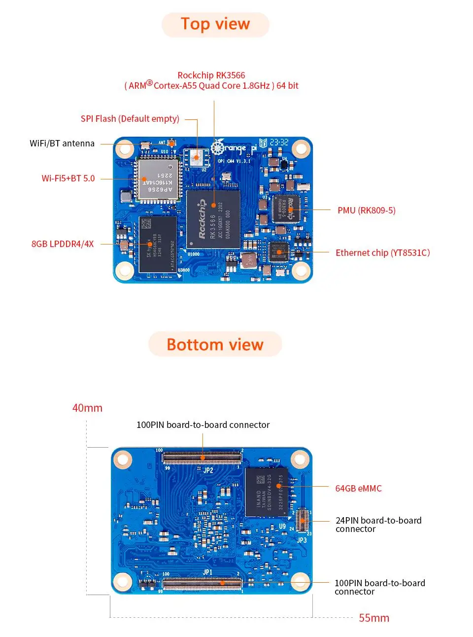 Orange Pi CM4 8GB RAM 64GB EMMC DDR4 Rockchip RK3566 Orange Pi Compute Module 4 WiFi Bluetooth BLE Orangepi CM4 Core Board