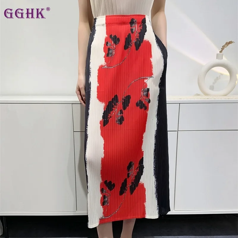 

GGHK Pleated Women Printed Half Skirt 2024 Summer New High Waist Casual Loose Stretch Fashion Elegant Half Skirt