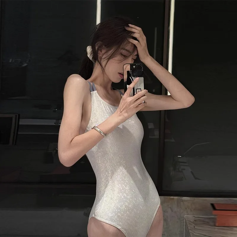 Swimsuit Women's Racing Moonlight White Double Layered Hot Spring Swimsuit Swimming Special Sports Triangle One-piece Swimsuit