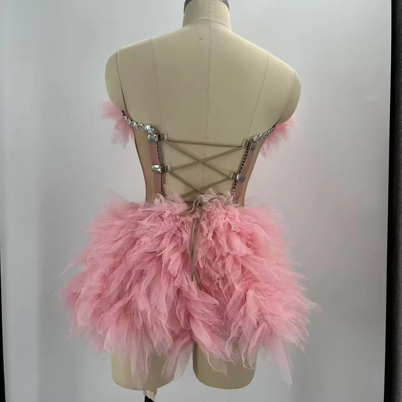 Sexy piuma rosa Tutu gonna donna Gogo ballerini abiti abito da sera Drag Queen Costumes Nightclub Bar Festival Dress DN12668