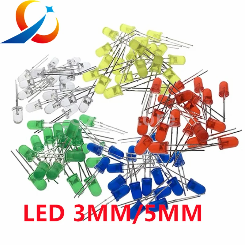 Ampoule LED 3mm/5mm, 100 pièces, F3 F5, rouge, vert, jaune, bleu, blanc, prise directe, pack complet, indicateur de perle de lampe, nouveau