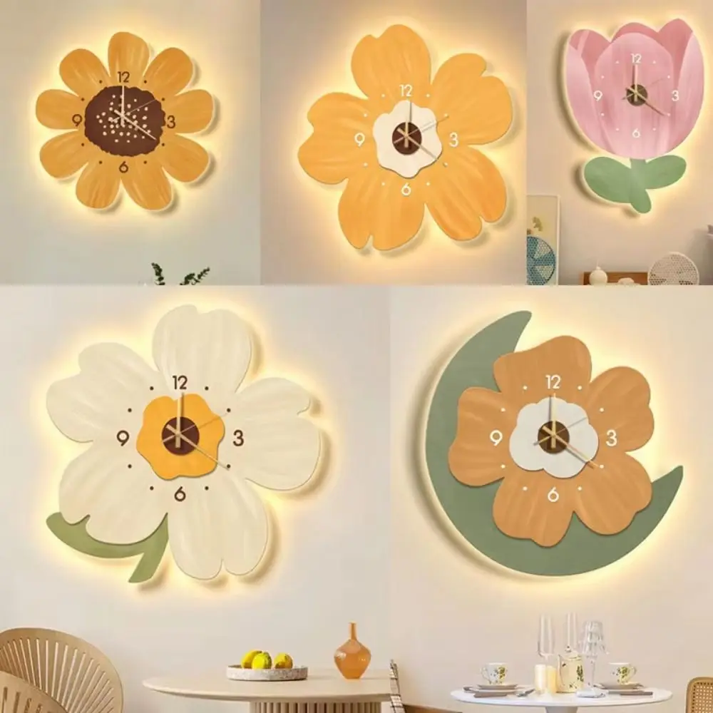 Nordic Silent 3D Flower Decors Wall Clock Warm Light Adjustable Hanging Clock with Light Accurate INS Luminous Wall Clock Office