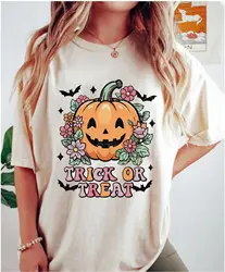 Trick Or Treat Shirt Women Halloween Pumpkin T-Shirt Cute Thanksgiving Pumpkin Fall Season Tops