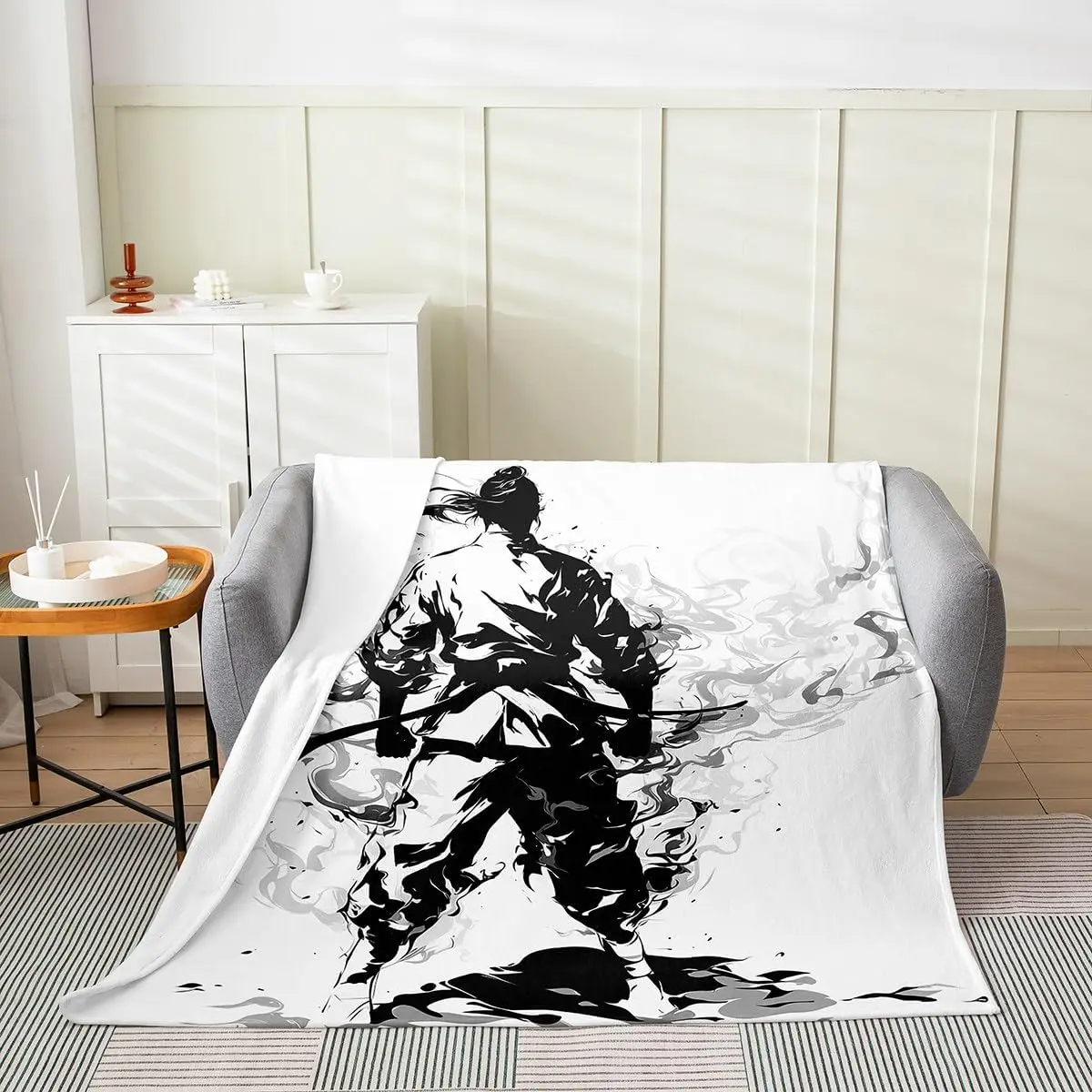 Ink Wash Samurai Warrior Back View Sword Print Flannel Blanket Soft Warm Throw For Sofa Bedroom Indoor Daily Home Decor Gift