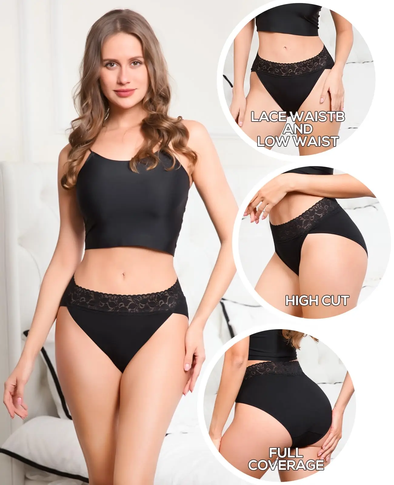

5pcs Womens Underwear Cotton Bikini Panties High Cut Lace Panty Stretch Hipster Underpants Ladies Briefs