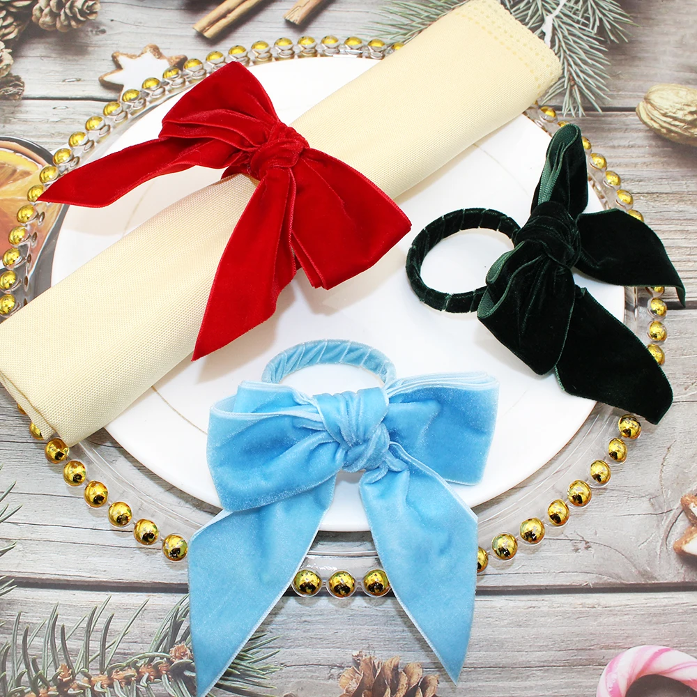 12Pcs Green Velvet Bowknot Napkin Rings Christmas Bows Napkin Holder for Christmas Wedding Thanksgiving Dinner Table Decor
