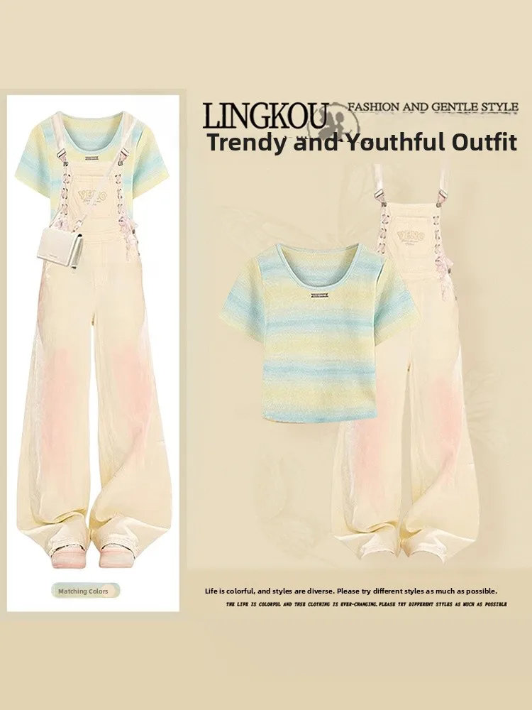 

Summer Large Size College Style Set Women Sweet Anti-Aging Gradient T-Shirt Slimming Soft Denim Overalls Two-Piece Set