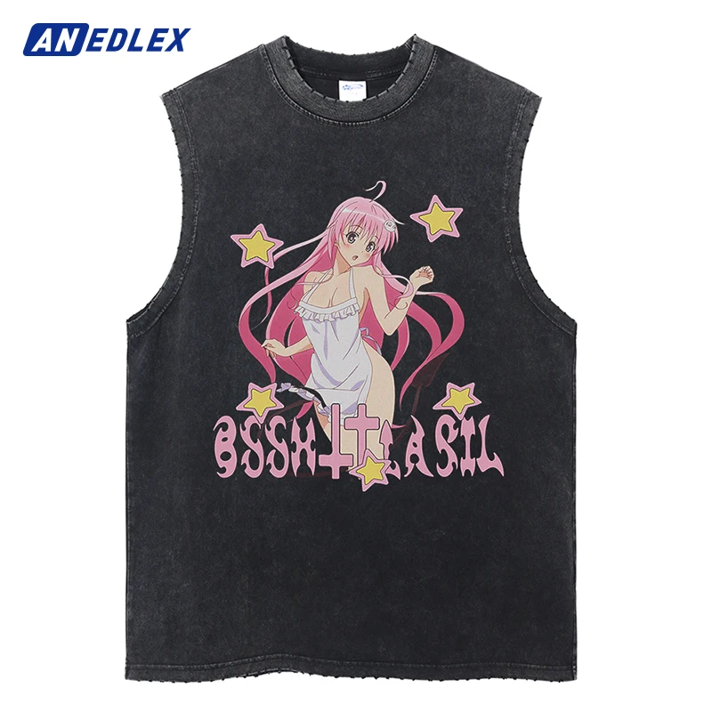 

Summer Men Fashion Washed Sleeveless Tshirts Hip Hop Anime Girl Graphic Print Vintage Vests Streetwear Harajuku Cotton Tank Top