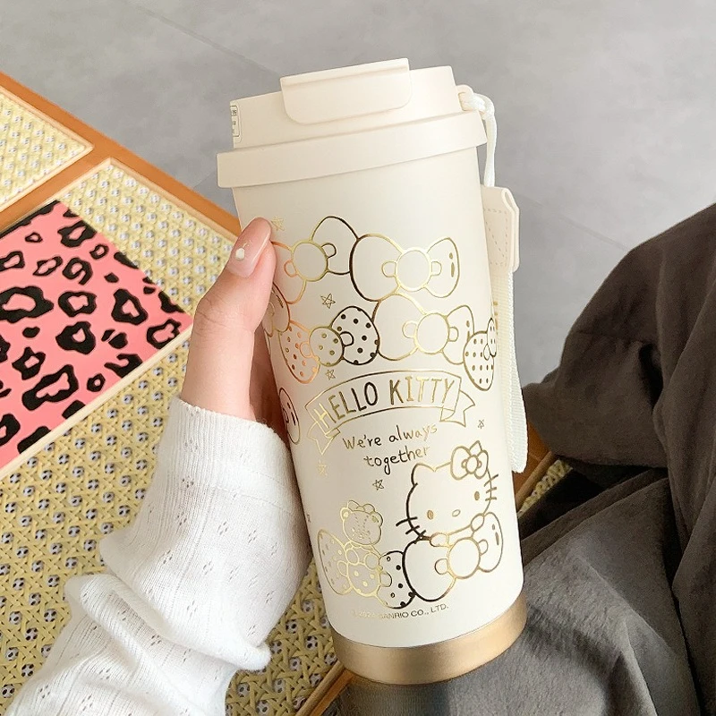 

New Hello Kitty Double Drink Coffee Thermos Cute Straw Tumbler 316 Stainless Steel Cup for Girls