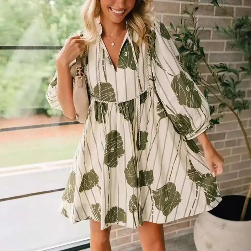 Casualowy wzór z nadrukiem Plisowana damska elegancka dekolt w serek wysoka talia Boho wiosna lato bufiaste rękawy luźna sukienka na wakacje