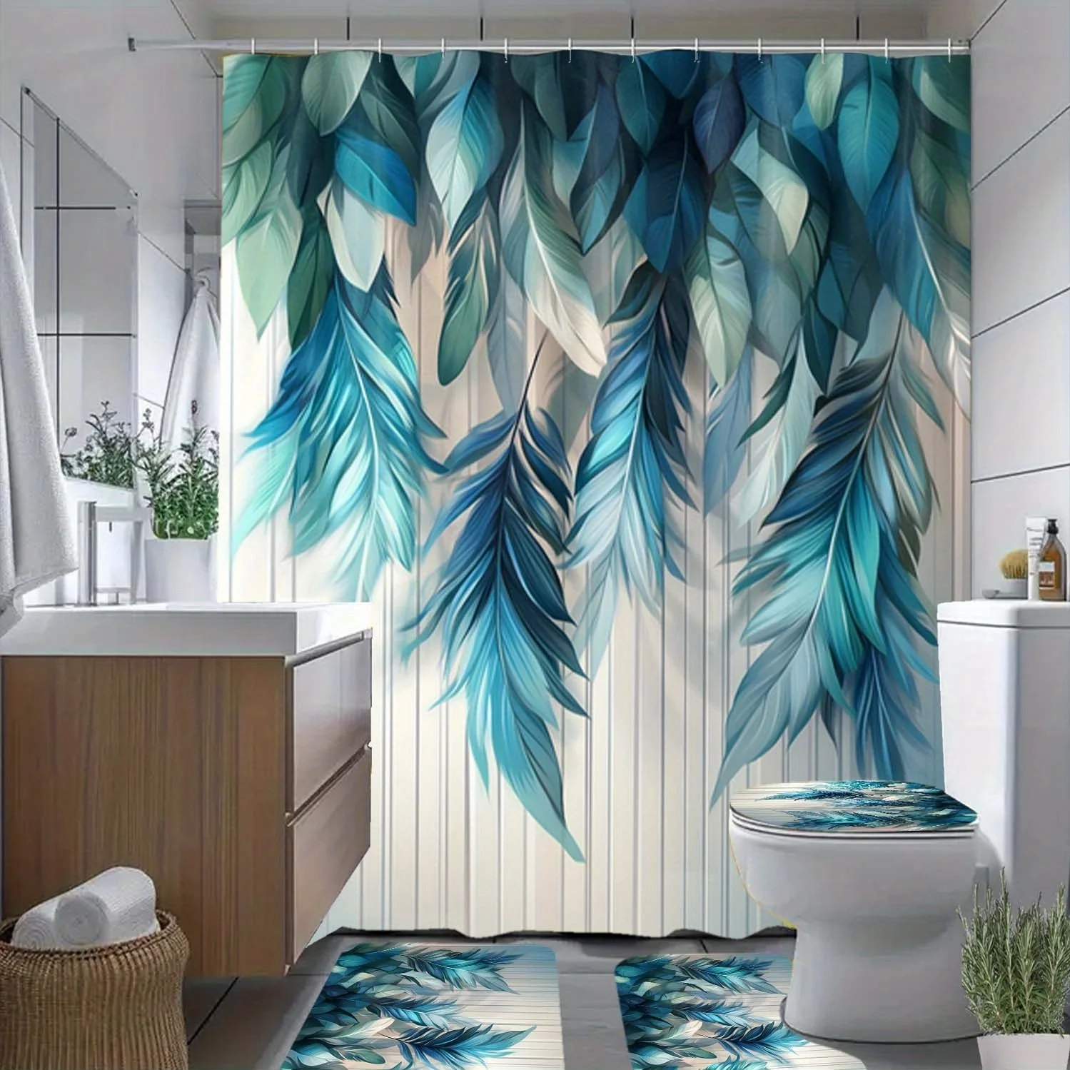 

4pcs Blue Feather Plant Pattern Shower Curtain with Hook, Bathroom Partition Curtain, Bathroom Accessories, Home Decoration