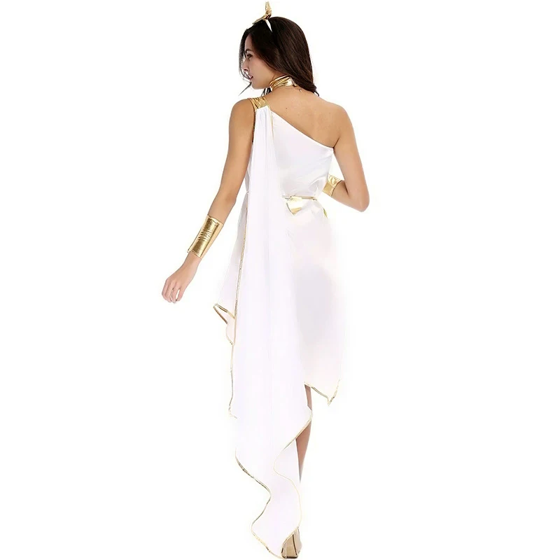 Lady Carnival Halloween Ancient Greek Goddess Athena Costume Asymmetrical Egyptian Robe Cosplay Fancy Party Dress