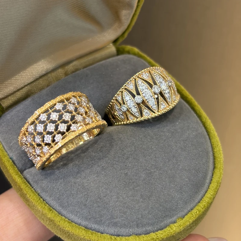 Aazuo Vintage Jewelry Real 18K Yellow Gold  Natrual Diamond Luxury Grid Wide Lines Rings Gift For Woman&Man Birthday Party Au750