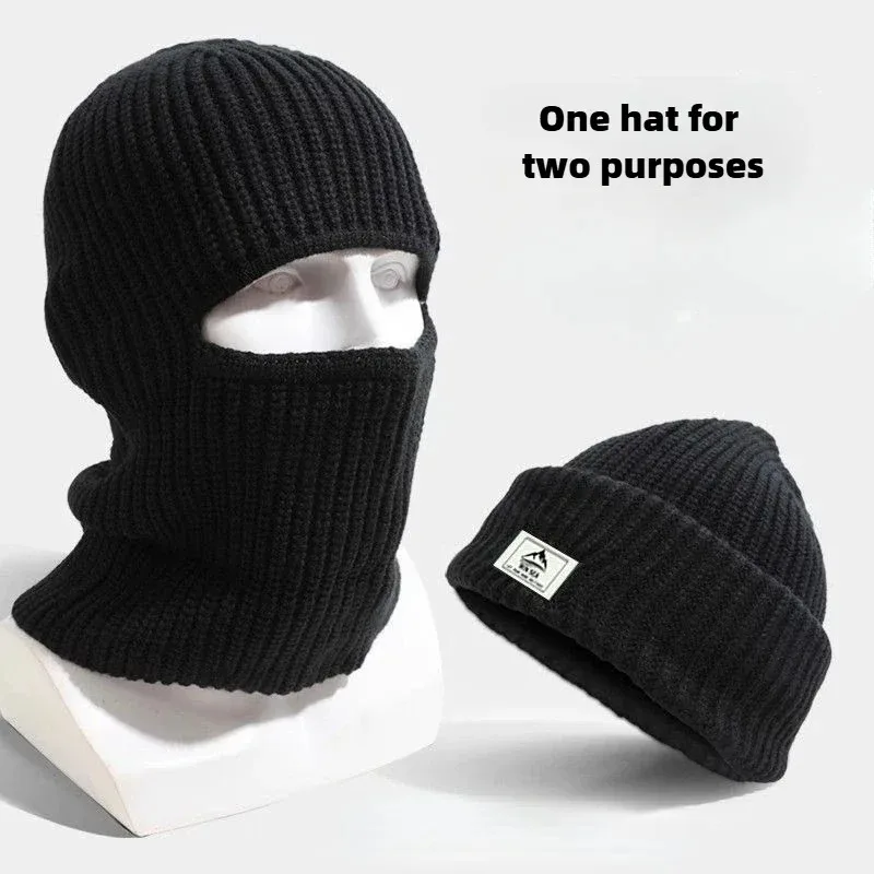 

Winter 2 in1 Mask Beanies Hats Warm Knitted Balaclava Hats Windproof Solid Full Face Ski Bonnet Tactical Cycling Earmuffs Cap
