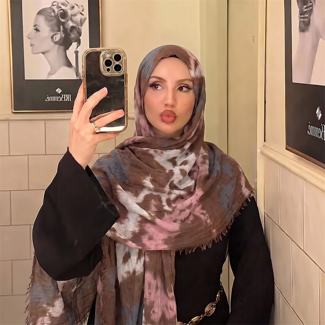 Foulard Hijab en Rayonne Imprimé Tie-Dye Bohème avec Franges, Doux et Léger, pour Femme Musulmane, Voile Respirant Quotidien, Turban Islamique, Châle
