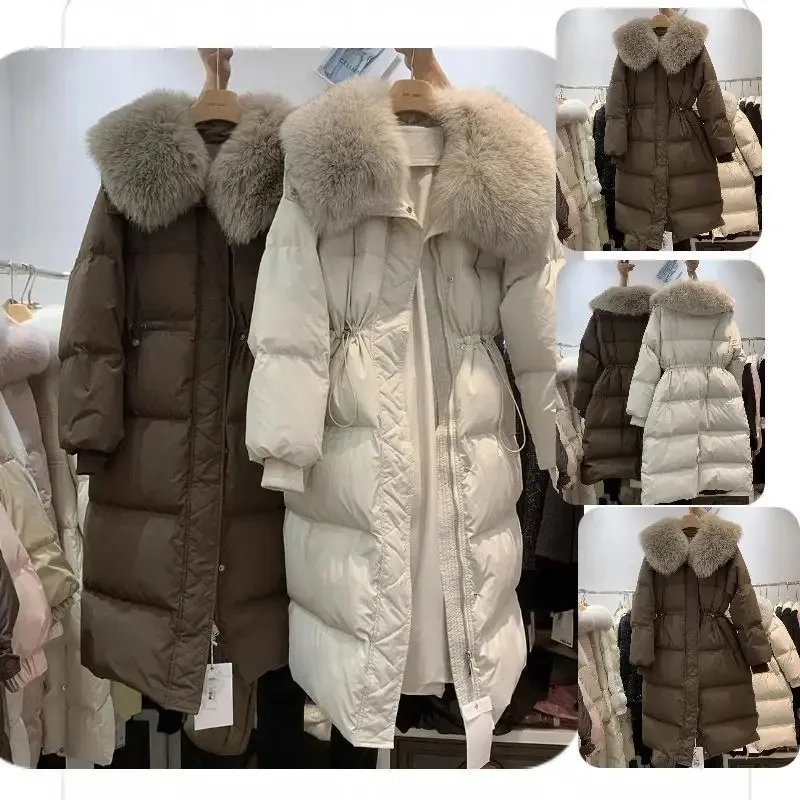 Damen-Jacke aus Fuchsfellimitat, warme Baumwolle, Winter 2022, verdicktes langes Design mit großem Pelzkragen, neuer Stil für kaltes Wetter