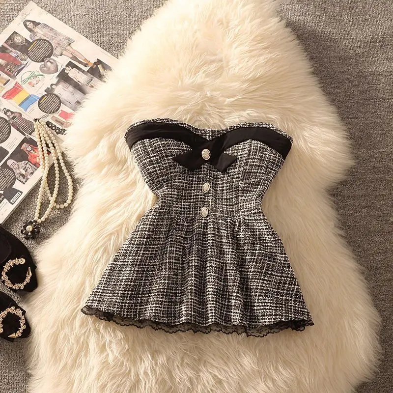 

French style strapless vest for girls in summer, sweet and spicy, slim fit, lace chic short top