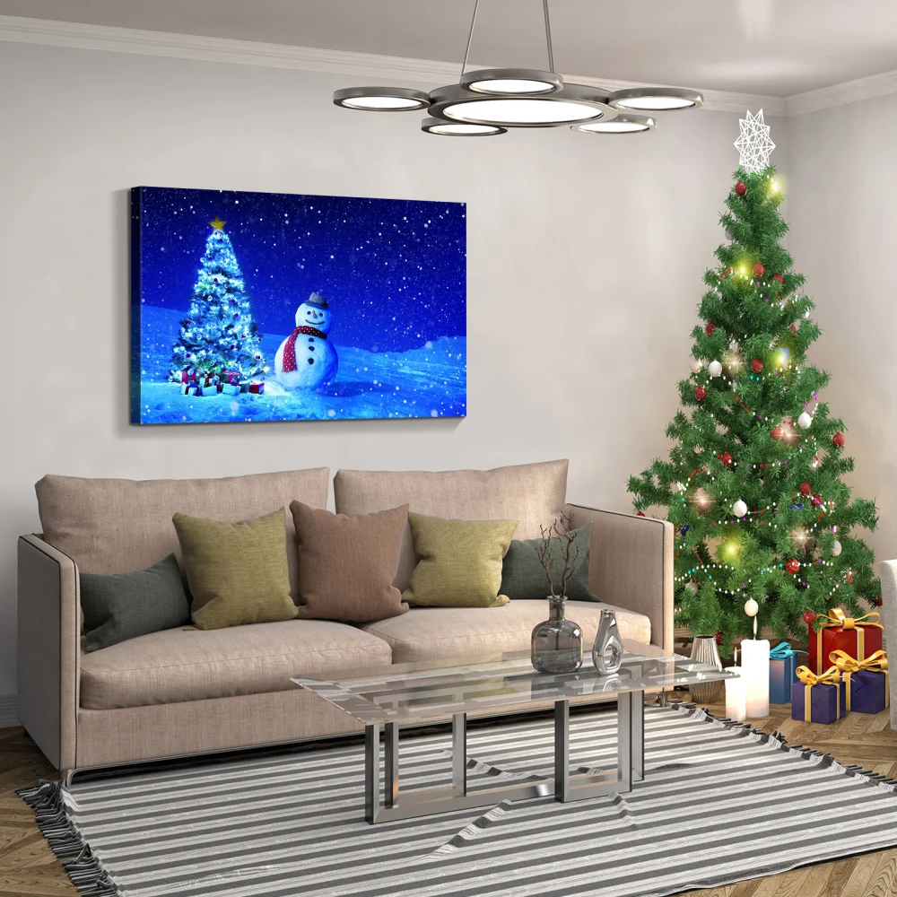 Pintura artística en lienzo enmarcada: árbol de Navidad con muñeco de nieve para Navidad, regalo y decoración para víspera, oficina, sala de estar, dormitorio