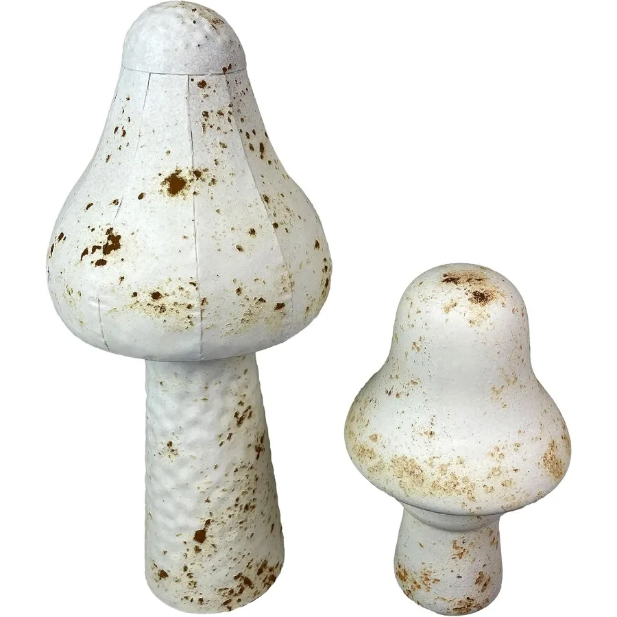 

Set of 2 White Metal Mushrooms Indoor Outdoor Garden Statues 9 and 16 inch Rustic Modern Farmhouse Decor Weather-Resistant Yard