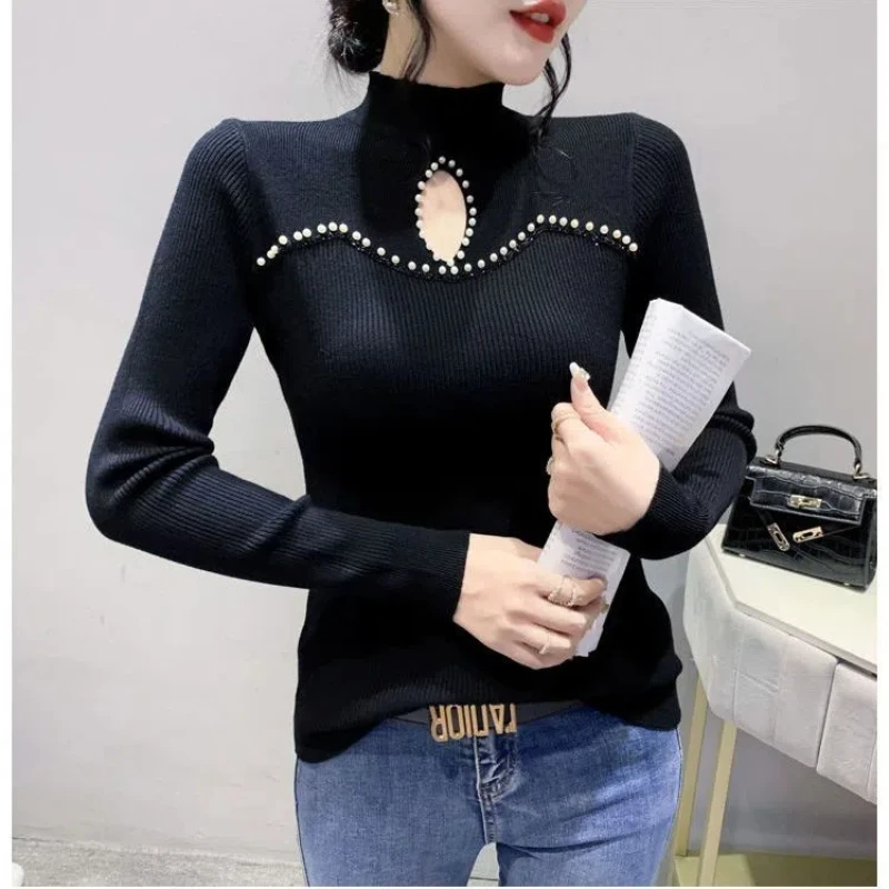 Women\'s Base Shirt Sexy Half High Neck Pearl Knit Sweater Korean Version Hollowed Out Sweater with New Top Underneath