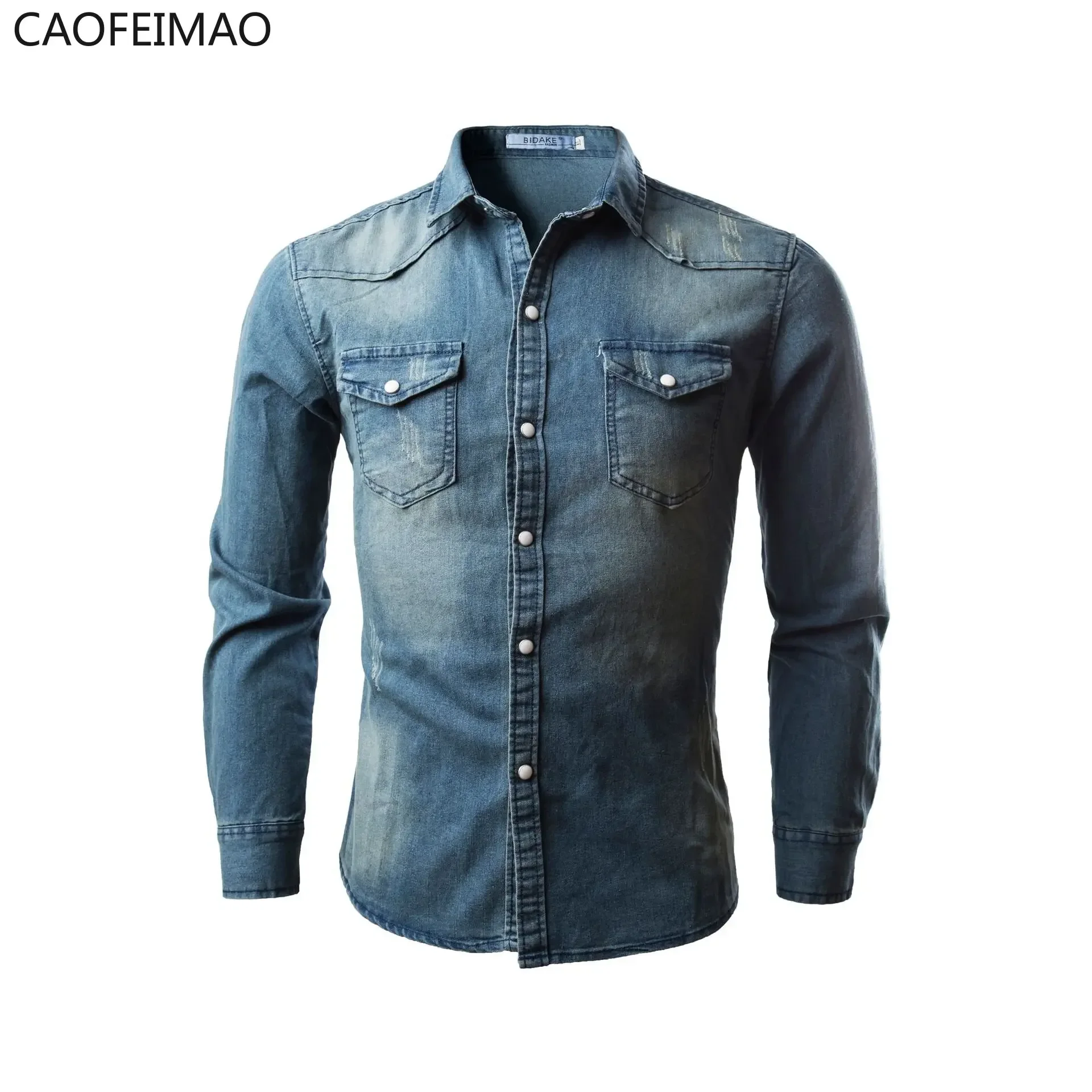 2025 New Men's Shirt Business Casual Single Breasted Fashion Solid Color Men Denim Shirts Autumn Slim Lapel Male Blue Jean Tops