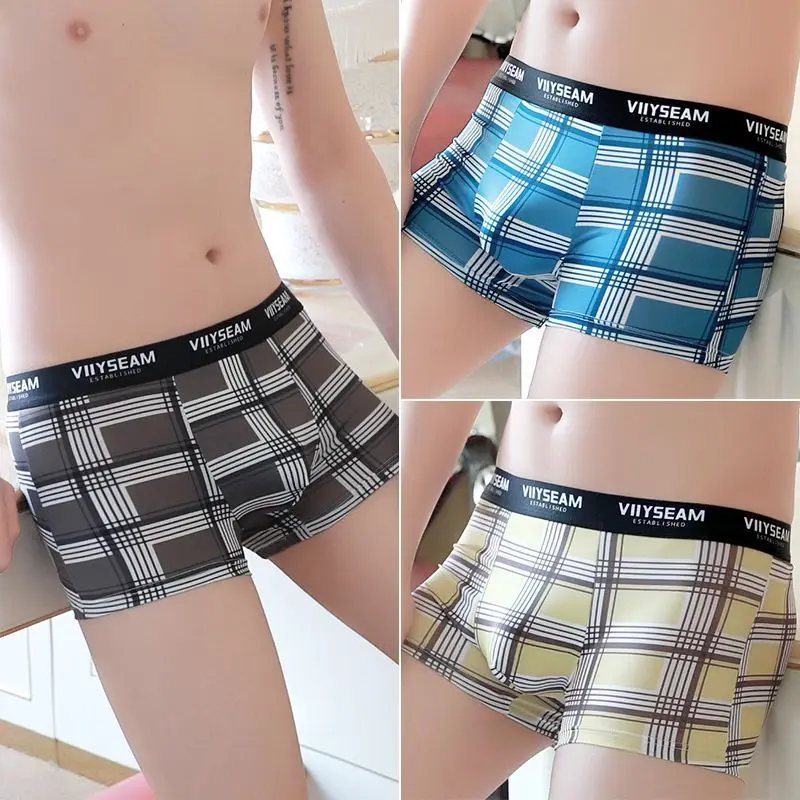 Ice Silk Smooth and Soft Briefs Men's Briefs Men's Quick-dry Boxers Thin Breathable New Plaid Print Stylish Ice Boxer Shorts
