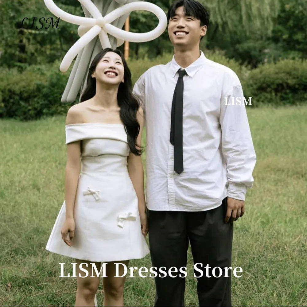 

LISM Mini Short Wedding Party Dresses Off Shoulder Soft Satin Prom Dress Corset Back Bowknot Korea Photo shoot Customized저녁 드레스