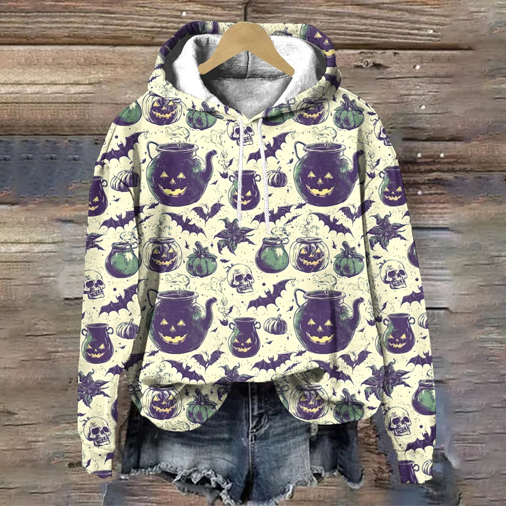 Hoodies estampados de cabeça e fantasmas de abóbora feminino, tops soltos, capuz halloween, pulôver, tendência da moda outono