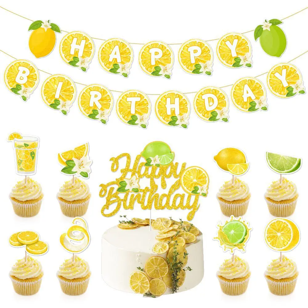 Vibrant Lemon Party Decoration Set Includes Banner Cake Top and 8 Cupcake for Baby Shower Bridal Shower Events