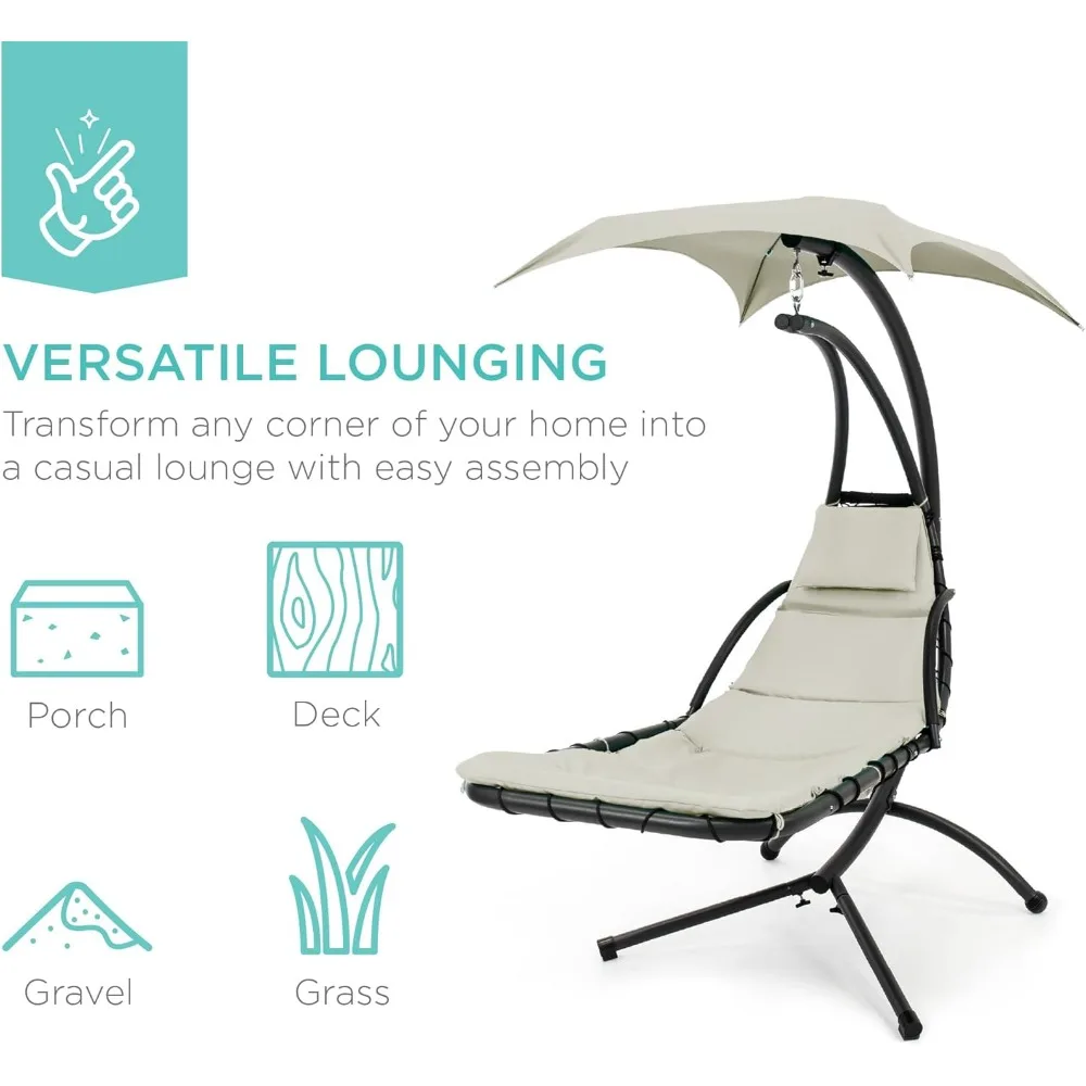 أرجوحة كرسي استرخاء من الفولاذ المنحني في الهواء الطلق مع وسادة مدمجة ومظلة قابلة للإزالة، لون عاجي، مثالية للاسترخاء فيك #6