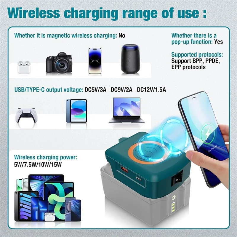 For Makita 18V Wireless Phone Charger with USB Type-C Ports Li-ion Battery Adapter for BL1840 BL1850 BL1860 Fast Charging - view 5