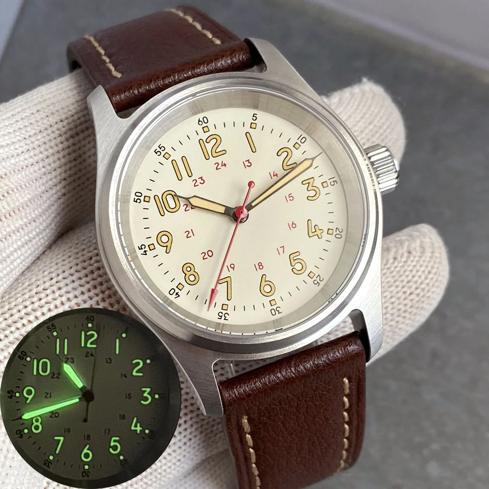 

Cream Vintage Dial Green Lume Tandorio 36MM NH35 Small Pilot Military Field Style Automatic 20ATM Waterproof Wristwatch Sapphire