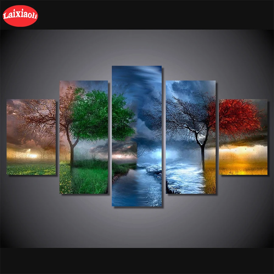 5d photo Diamond Painting Abstract art, four seasons tree scenery Full Drill Mosaic Home Decor Handmade Embroidery Gift5 PCS