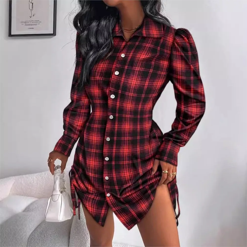 Damskie Mini bluzki Sukienka Jesień Zima Moda Guzik Boczne Sznurek Plaid Biuro Lady Koszula Sukienki Dla Kobiet Streetwear