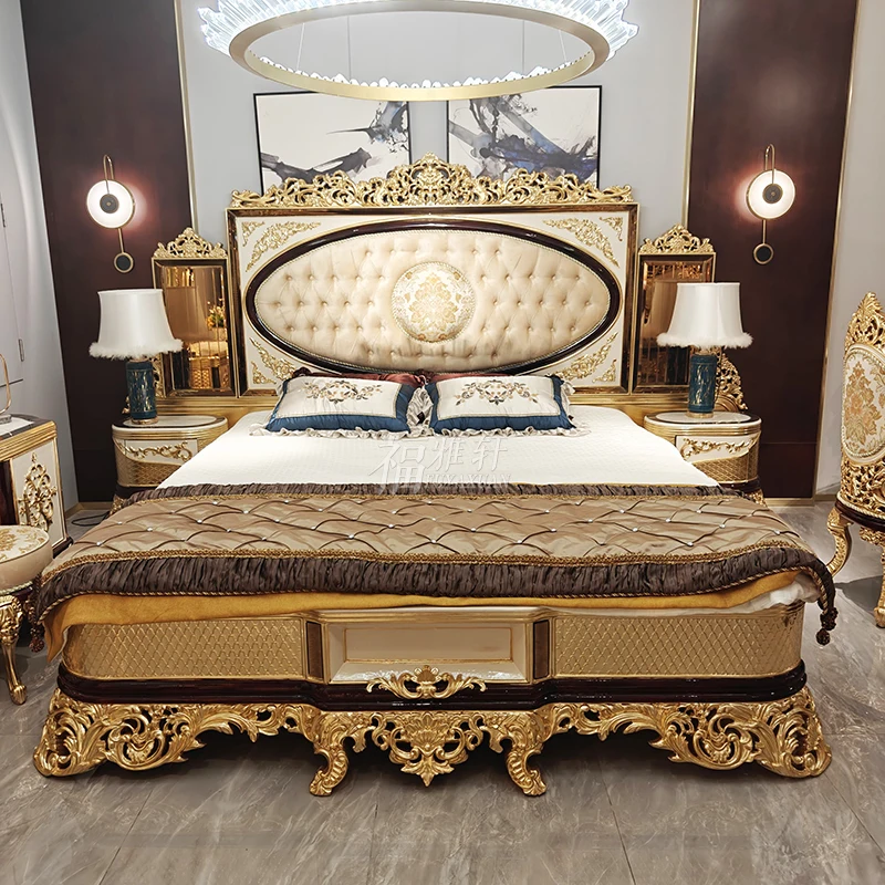 

court bed, solid wood carving flower master bedroom 1.8 meters shell painted luxury high-end light luxury double bed