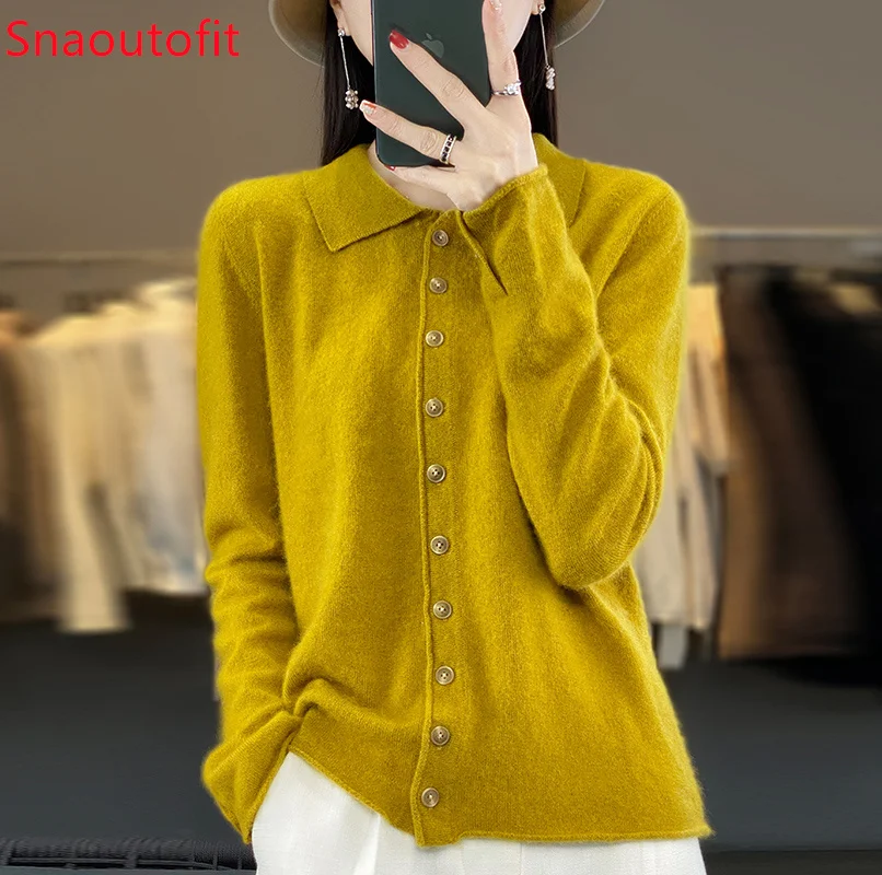 Polo Collar Wool Cardigan Fashion Women Sweaters 2023 Autumn and Winter Crop Knit Coat Ten Buttons Chic Loose Outer Wear Jacket