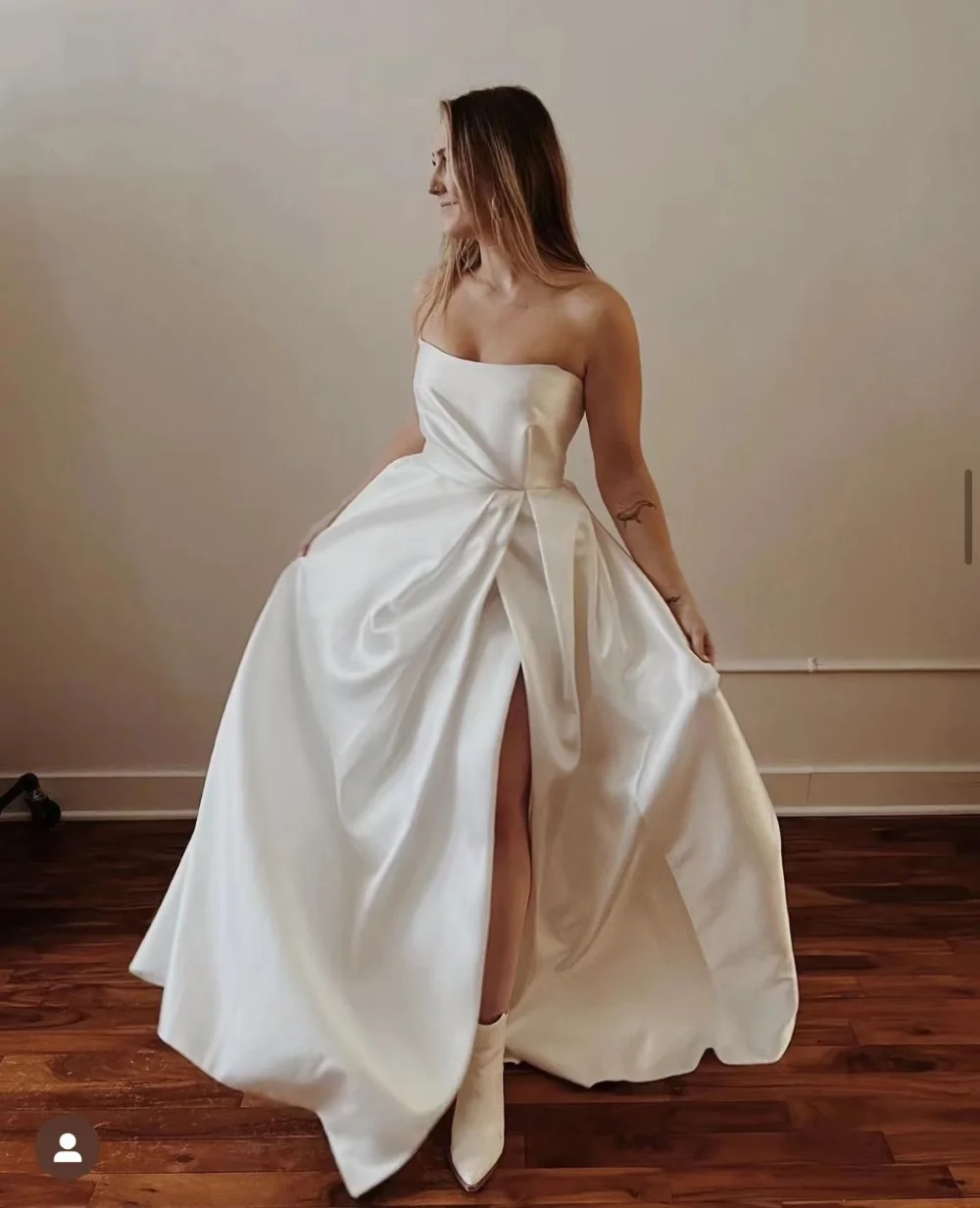 

Elegant Sexy Strapless Off-Shoulder Wedding Dress Backless Bridal Gown A-Line Satin High Slit Robe De Mariée Vestido De Noiva