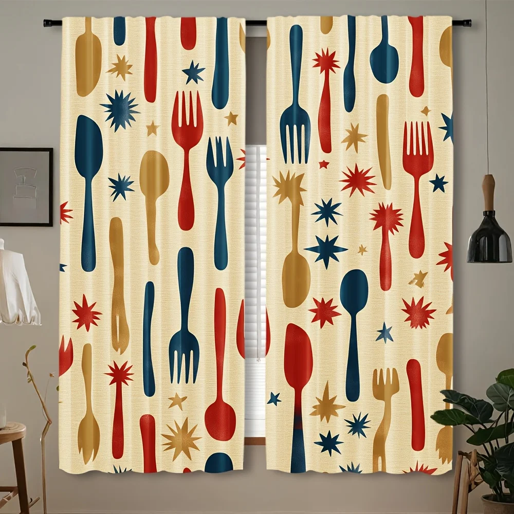 Modern Utensil Pattern Curtains Window Coverings Beige Kitchen Dining Room Decor Abstract Spoon Fork Panels