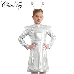 Girls Halloween Alien Costume Outer Space Cosplay Dress with Alien Hair Hoop Set Carnival Themed Party Performance Dress Up