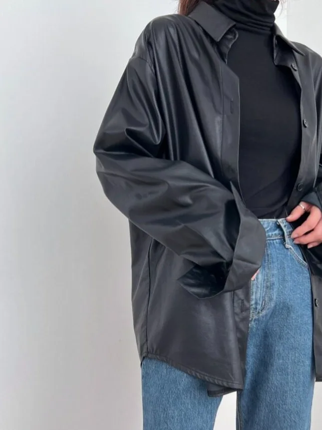 Fashionable Chic Simple Single-Button  Collar Leather Jacket Shirt Outerwear for Women Korean Style Long Sleeve Loose Fit