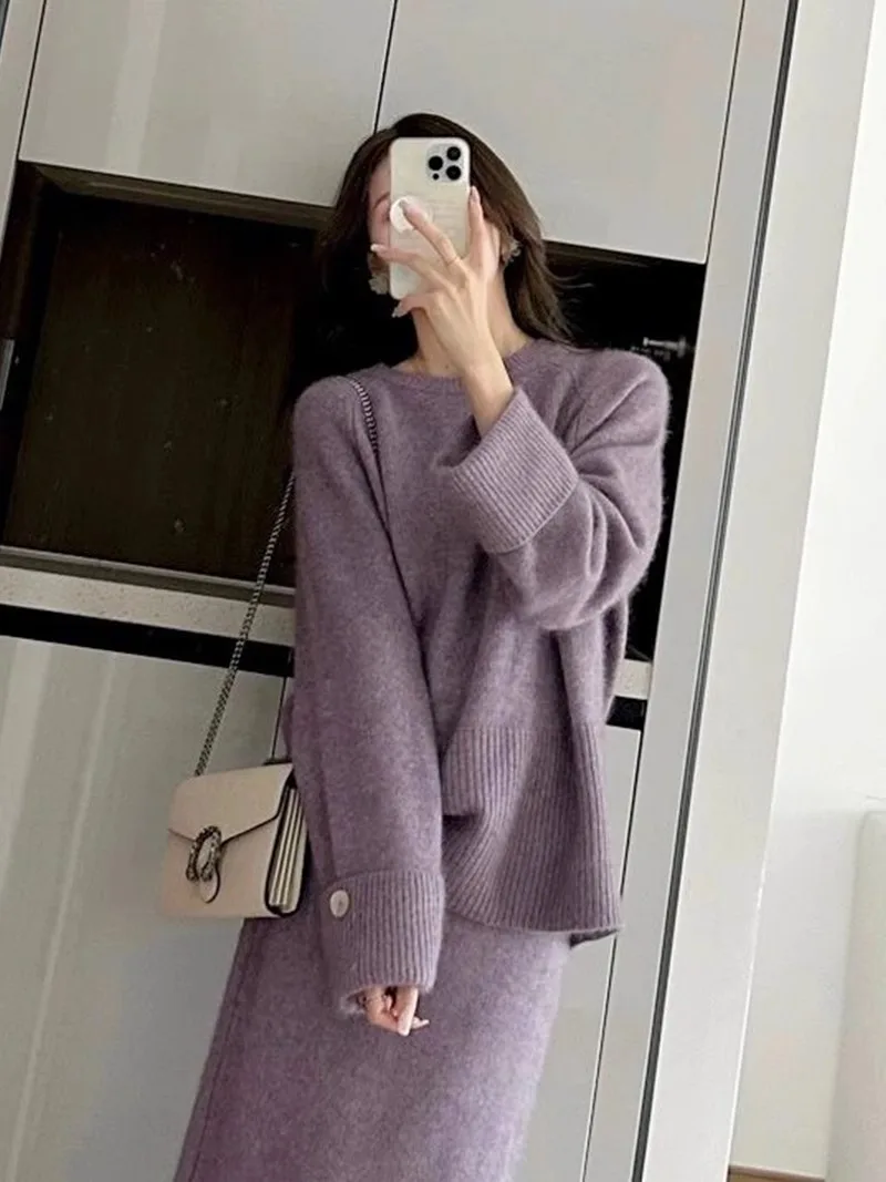 New High Quality Korean Fashion 2 piece sets women outfit Purple Knitted Casual Loose Pullover Sweater + Long Skirt Suits Warm