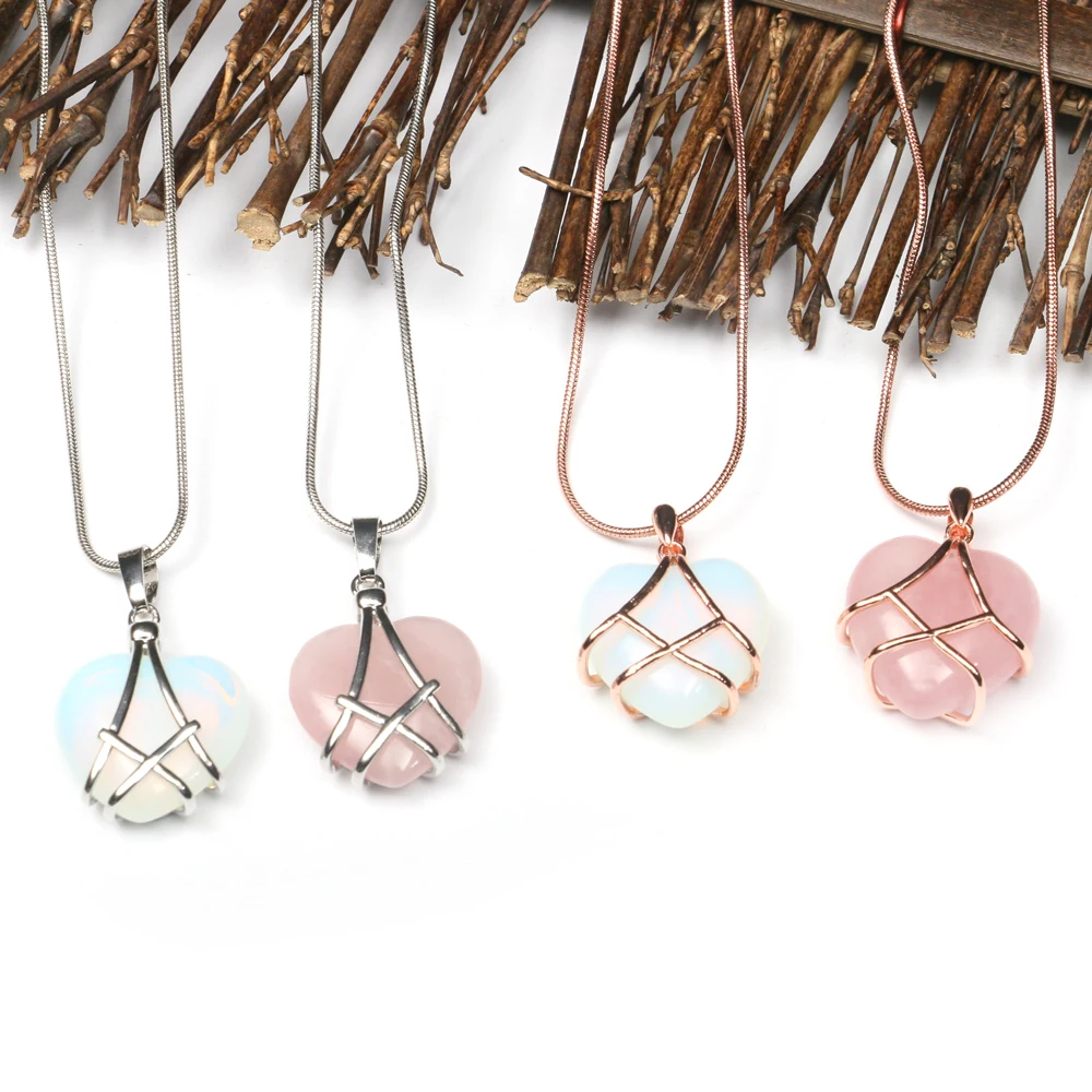 Colliers en quartz rose naturel, pendentifs en cristal en forme de cœur, fil doré argenté, opale synthétique, bijoux de mode pour femmes
