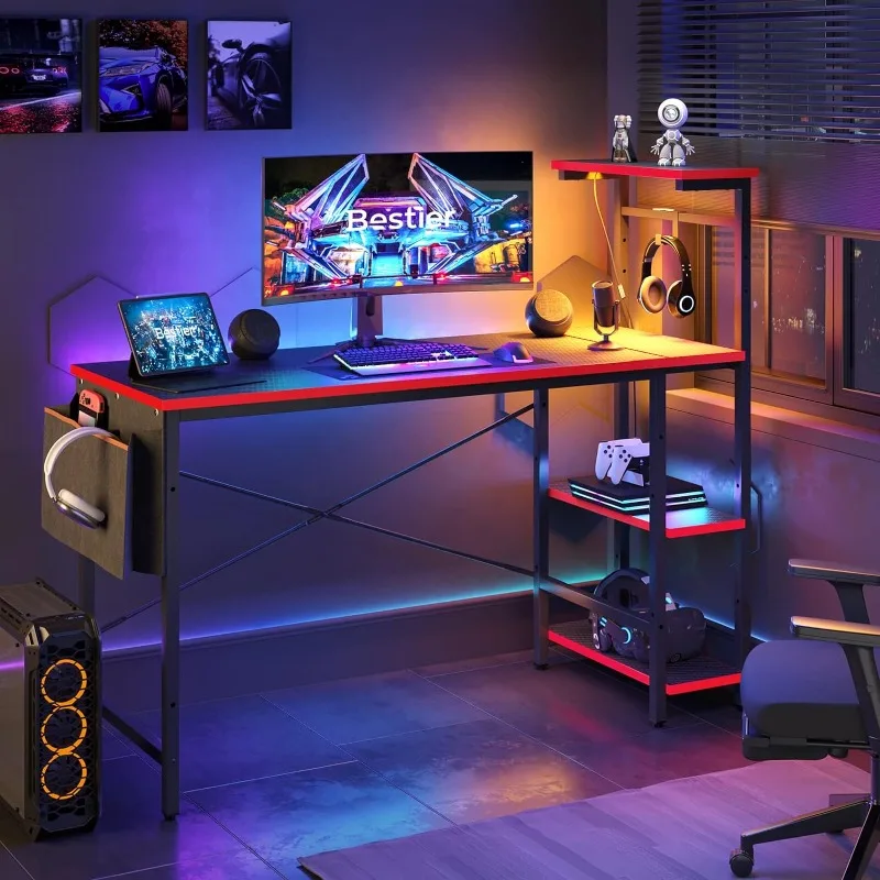 

Gaming Desk with LED Lights, Computer Desk with 4 Tiers Reversible Shelves, 51.3 Inch Gamer Desk with Side Storage Bag