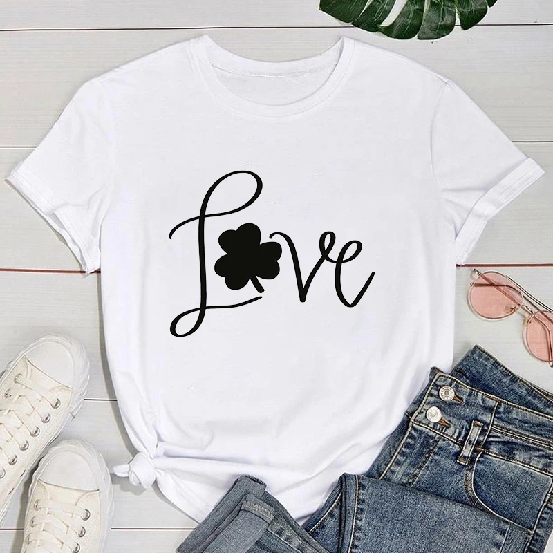 (Premium T-shirt)Women'S Fashion Printed St. Patrick'S Day Love Print T-Shirts Summer Casual Loose Round Neck Creative T