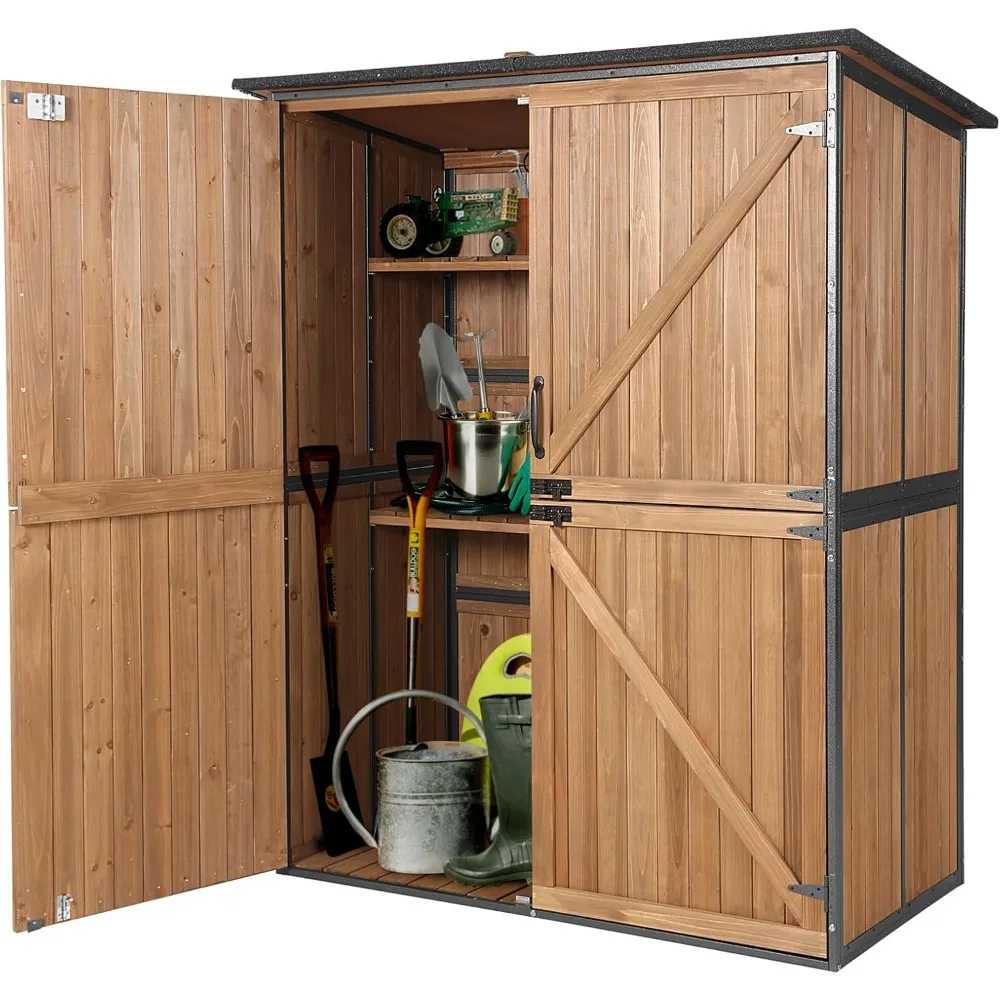 سقيفة تخزين خشبية كبيرة بإطار معدني ورفوف قابلة للتعديل لأدوات الحدائق الخارجية #1